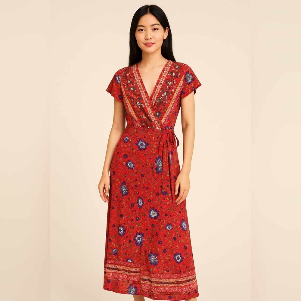 Boho Red Floral‎ Cotton Wrap Dress – 100% Cotton, Short Sleeve